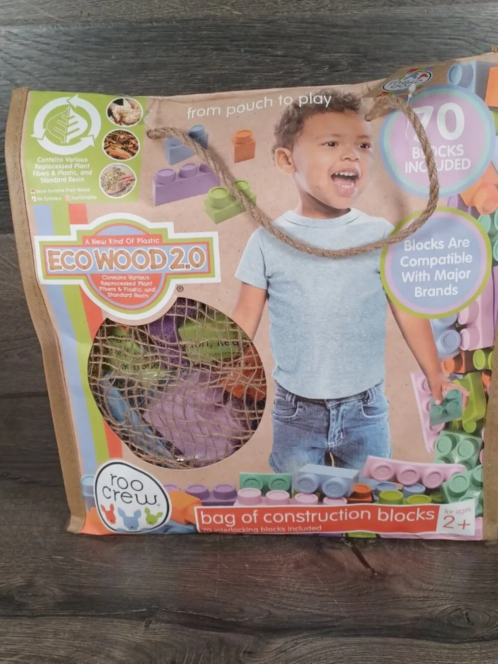 NIB Eco Wood Bag of 70 Construction Building Blocks Roo Crew